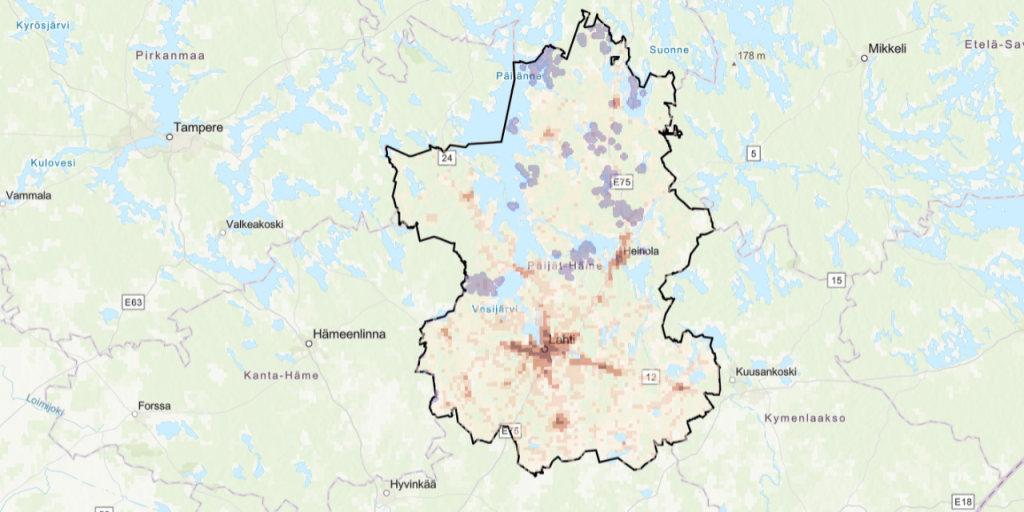 Päijät-Hämeen kartta, jonka pohjoisosissa satunnaisia vaaleanvioletteja alueita mm. Heinolan, Asikkalan, Sysmän ja Hartolan alueella.