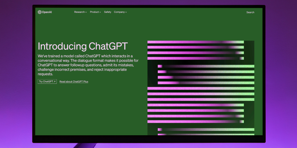 Tietokonenäytöllä ChatGPT:n esittelysivu, jolla teksti Introducing ChatGPT.