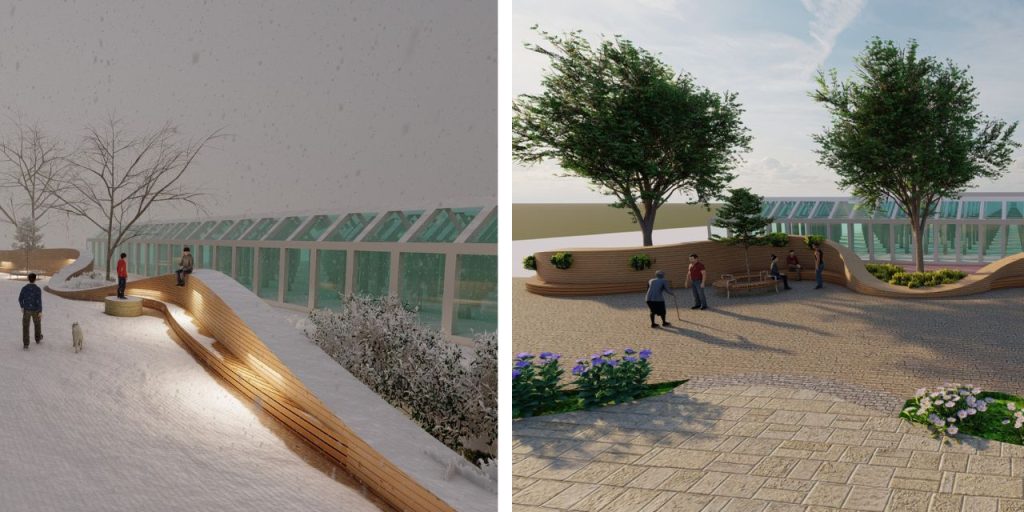 Two parallel images demonstrate a part of the shopping center area where new benches and vegetation has been added to the existing environment. First image shows the winter situation with snow cover and the other one is from summer conditions.