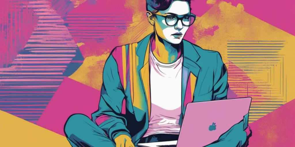 Värikäs tekoälyllä luotu piirrosmainen kuva muunsukupuolisesta henkilöstä, joka työskentelee kannettavalla tietokoneella.
