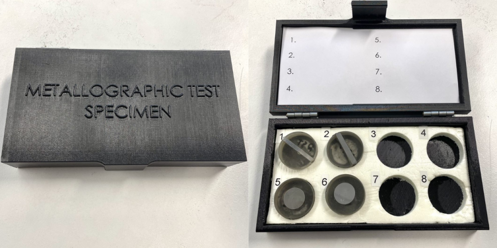 Metallographic test specimen container manufactured by 3D printing shown with the lid closed and opened. 