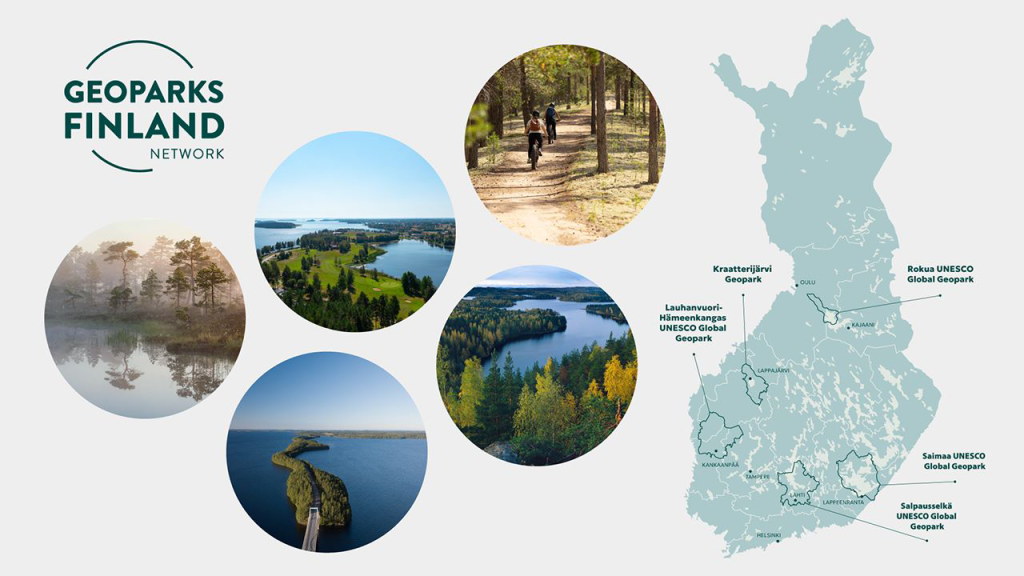 [Alt-teksti: Suomen kartta, johon on merkitty viisi Geopark-aluetta.]