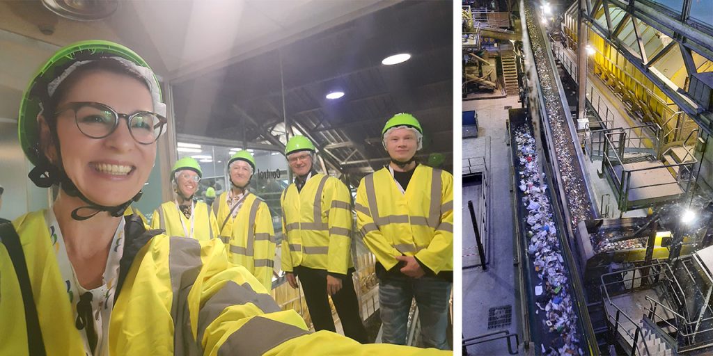 Two photos from indoors. On the left, there is a group of people in yellow safety vest and helmets. On the right, there is a view on an industrial sorting plant with many conveyors with different kinds of materials/waste.