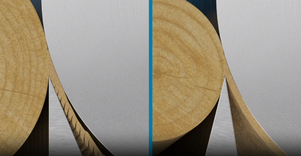 Two side-by-side images to show how imperfect peeling conditions may damage the useful volume of a veneer product.