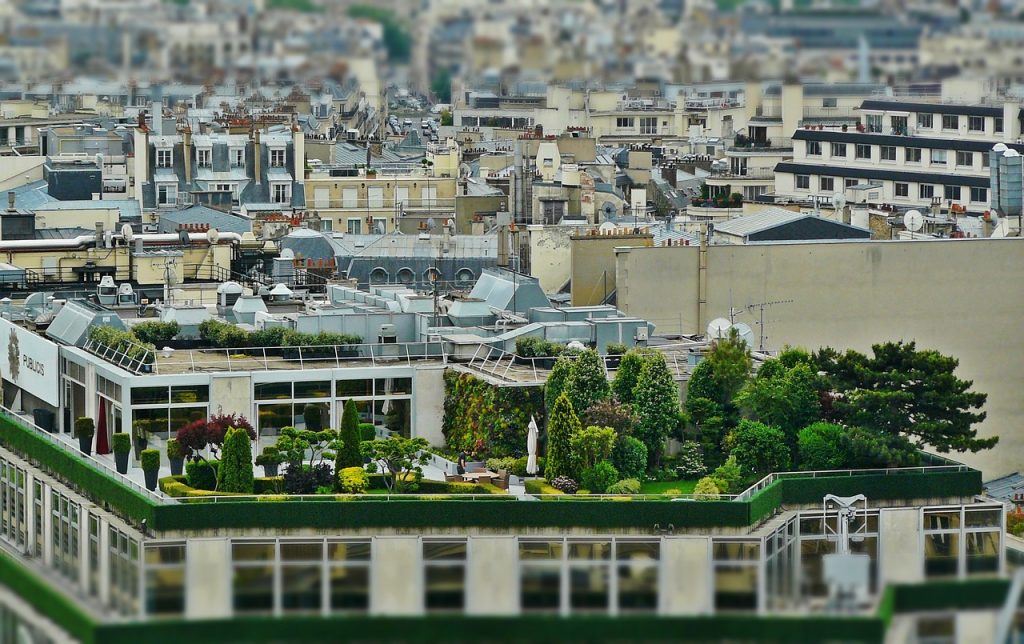 Kaupunkimaisema, jossa erään kerrostalon katolla vehreä kattopuutarha.