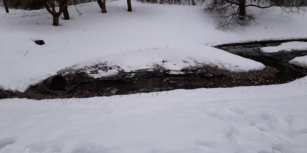 Lumisessa maassa sulanut puro, joka kaartelee kohti poistoputkea. Taustalla puita.