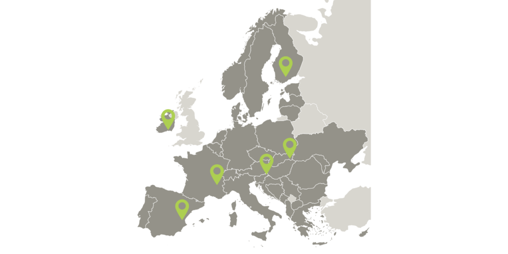 A map of Europe in which participating regions are marked as green map marker icons.