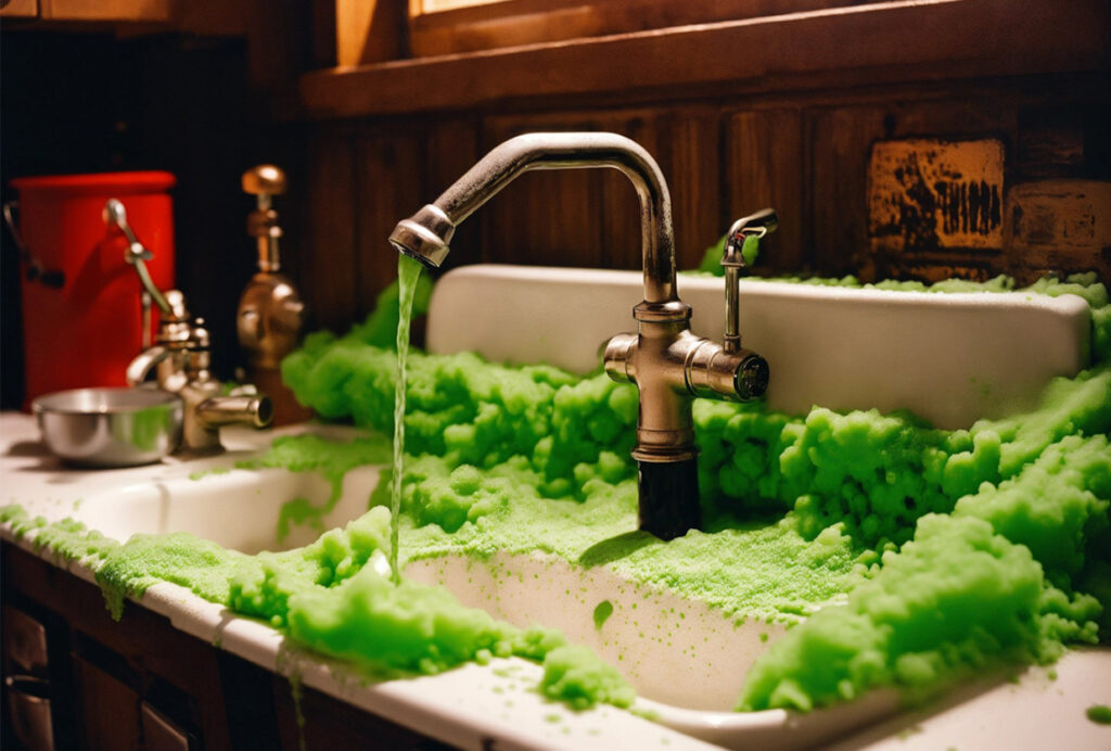 Kitchen sink with green foam pouring over