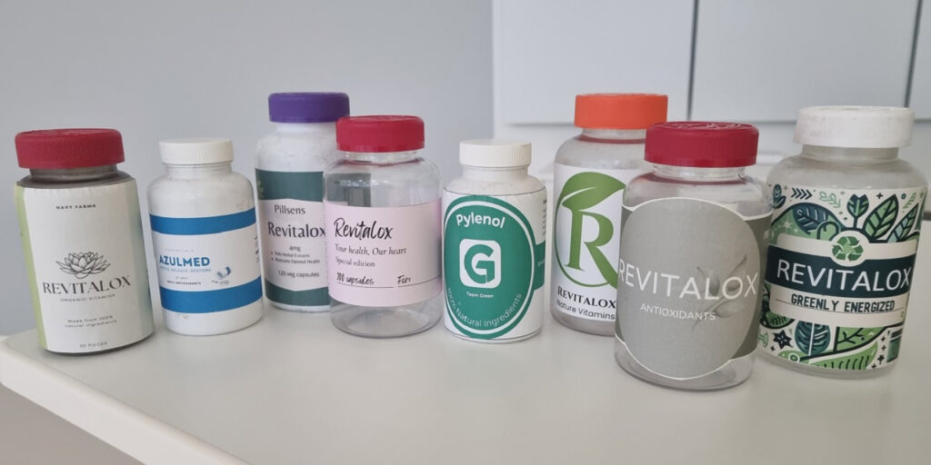 [Alt text: medical bottles with different labels.]