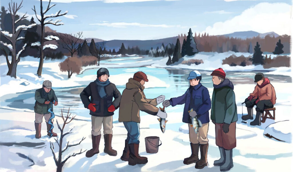 [Alt-teksti: piirroskuva talvisesta järvenrannasta, jolla seisoo miehiä vaihtamassa suurikokoisia kaloja keskenään.]