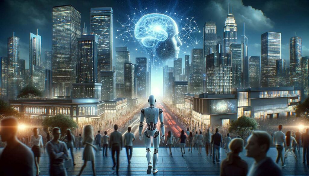 [Alt-teksti: tieteiselokuvamainen näkymä, suurkaupungin siluetti yövalaistuksessa ja kadut täynnä ihmisiä, pilvenpiirtäjien keskellä tummalla taivaalla ihmishahmo, jolla on moneen suuntaan säteilevät aivot.]