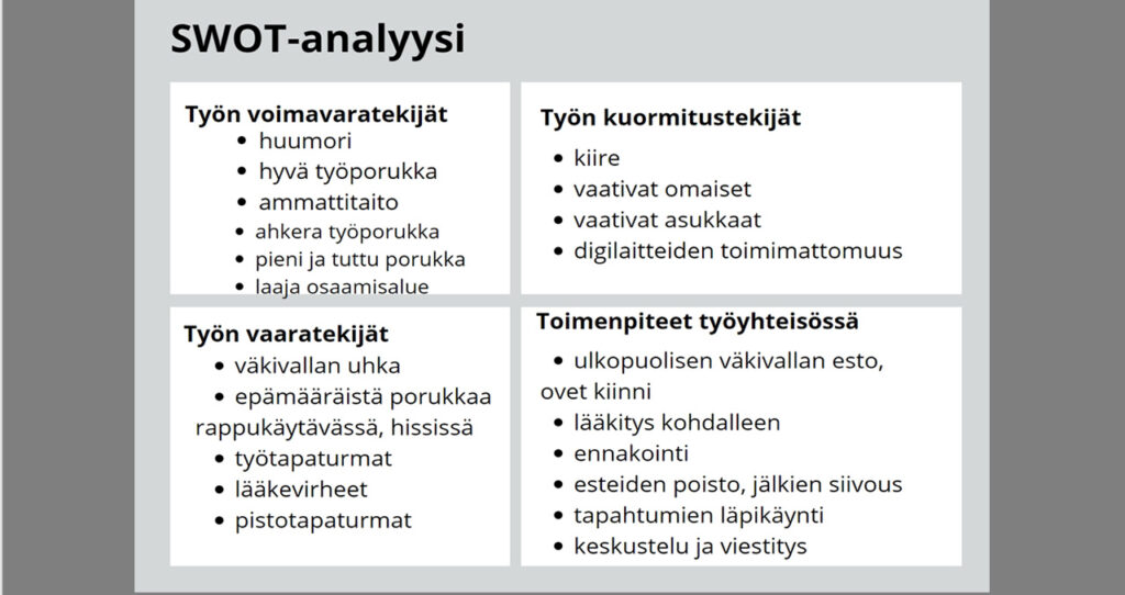 [Alt-teksti: taulukossa osatekijät ovat työn voimavaratekijät, työn kuormitustekijät, työn vaaratekijät ja toimenpiteet työyhteisössä.]