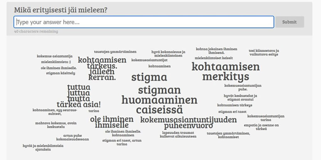 [Alt-teksti: kuva sanapilvestä, vastauksia kysymykseen mikä erityisesti jäi meleen. Vastauksia esimerkiksi kohtaamisen merkitys, stigman huomaaminen.]