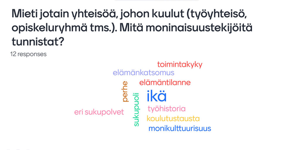 [Alt-teksti: sanapilveksi koottuja vastaajien vastauksia moninaisuustekijöistä, esimerkiksi ikä, elämäntilanne ja koulutustausta.]