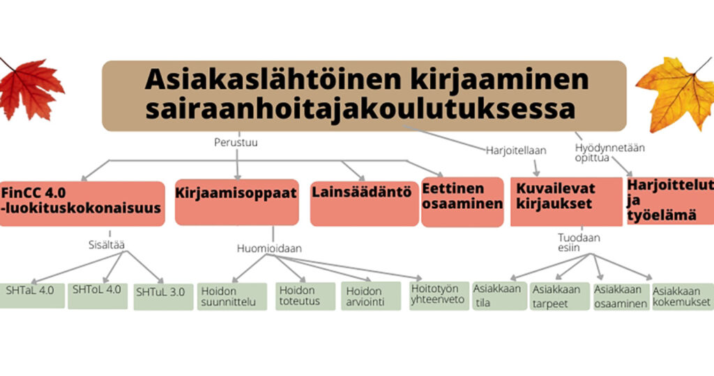 [Alt-teksti: otsikkona on asiakaslähtöinen kirjaaminen sairaanhoitajakoulutuksessa, sen alla osa-alueita kuten kirjaamisoppaat, lainsäädäntö, eettinen osaaminen sekä harjoittelu ja työelämä.]