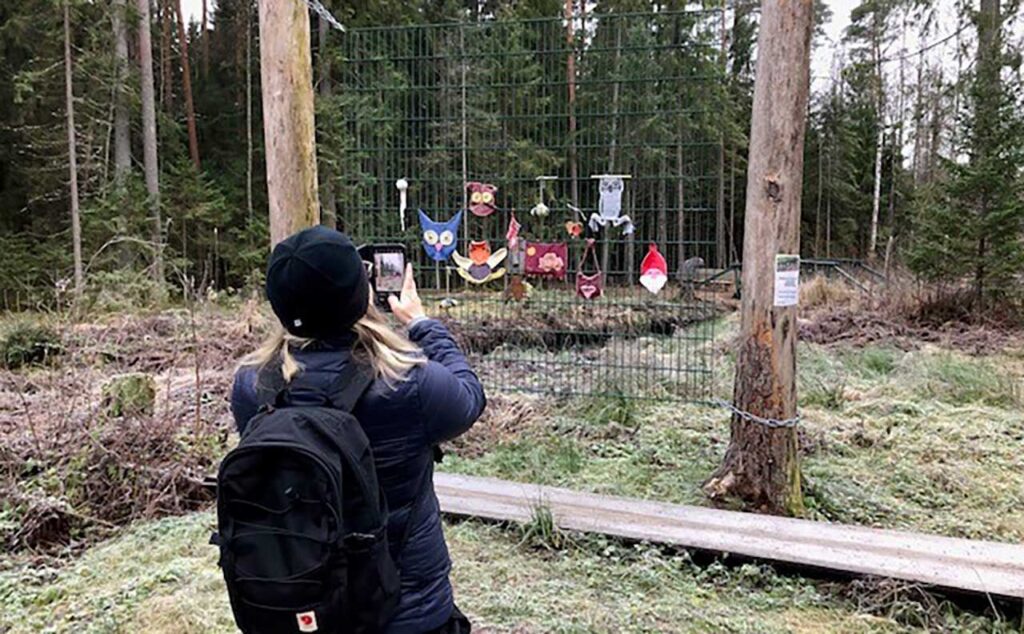 [Alt-teksti: metsässä on metallinen säleikkö kahden korkean puunrungon välissä, säleikköön on kiinnitetty leikkikalumaisia hahmoja, eläimiä, tonttu, ynnä muuta.]