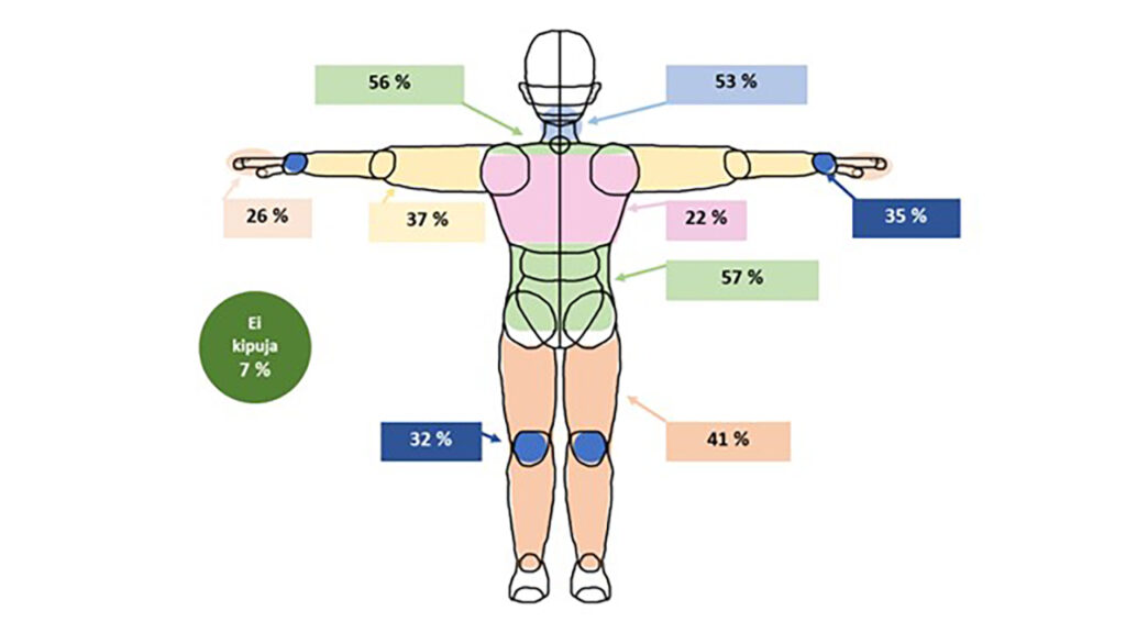 [Alt-teksti: kaavakuva ihmisvartalosta, johon on prosenttiosuuksin merkitty kipukohtia, suurimmat prosenttiluvut, yli 50, ovat niskassa, hartioissa ja alaselässä.]
