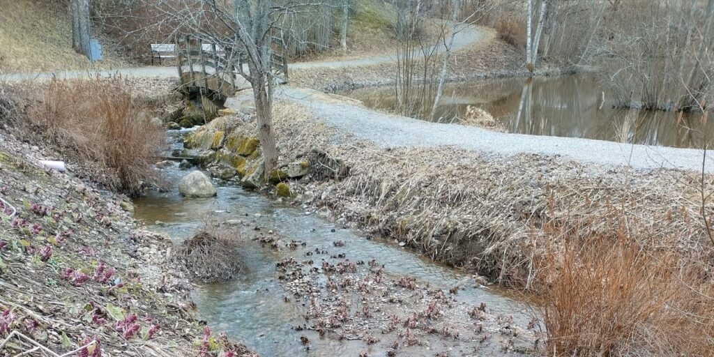 Lähivirkistysalueella virtaava oja, jonka yli on tehty kävelysilta.