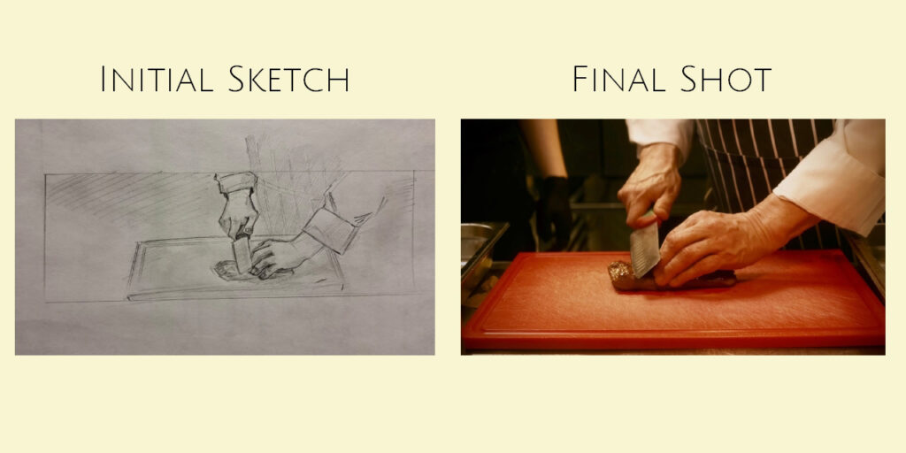 [Alt text: two pictures side by side, a sketch and the final image, hands cutting food with a knife.]