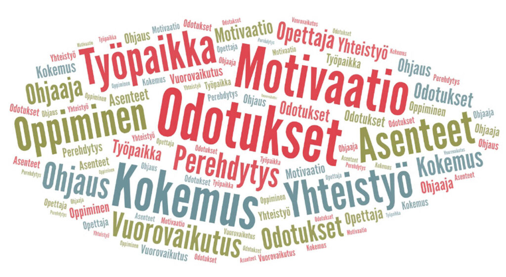 [Alt-teksti: sanapilvi, jossa suurimpina erottuvat sanat motivaatio, odotukset, kokemus, yhteistyö ja asenteet.]