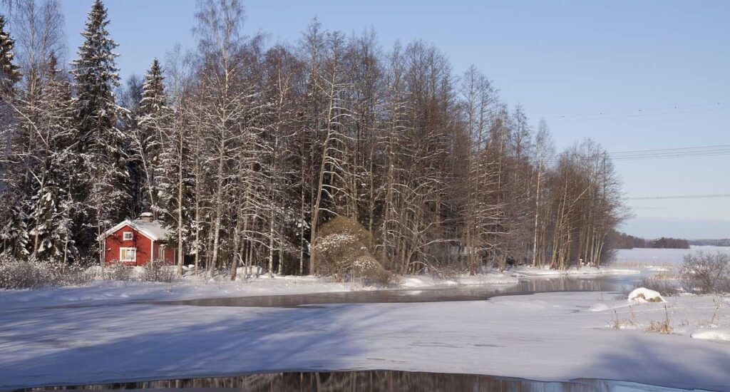 [Alt-teksti: suomalainen metsäinen järvenranta talvella, korkeiden puiden keskellä pieni punainen saunamökki.]