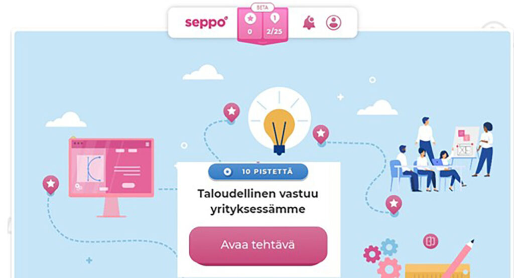 [Alt-teksti: kuvakaappaus digitaalisen pelin sivulta, teksti 10 pistettä taloudellinen vastuu yrityksessämme avaa tehtävä.]