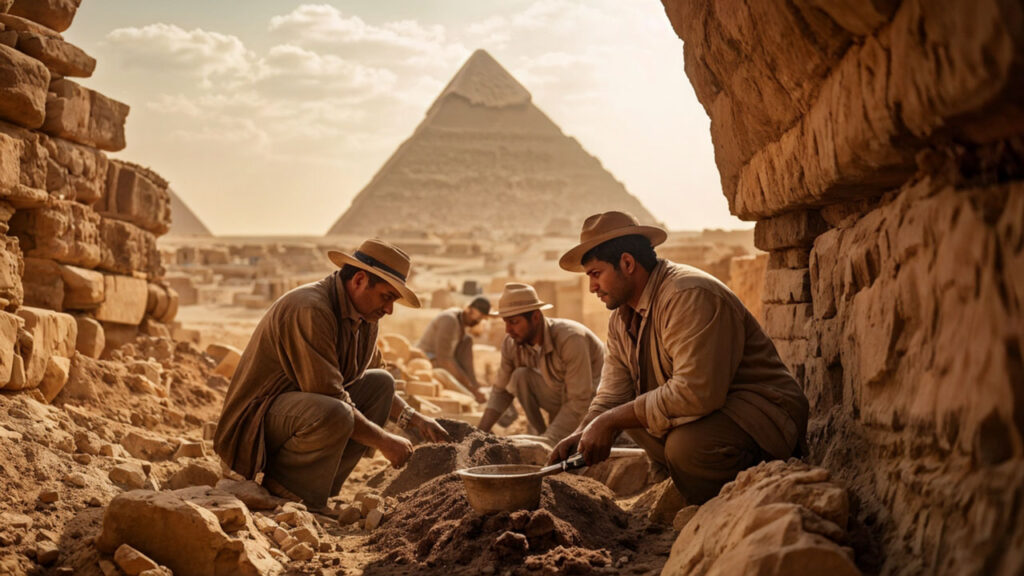 [Alt-teksti: arkeologeja suorittamassa kaivauksia pyramideilla.]