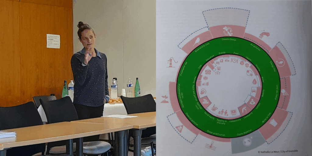 On the left, a person talking. On the right, a picture of the Doughnut of Grenoble.