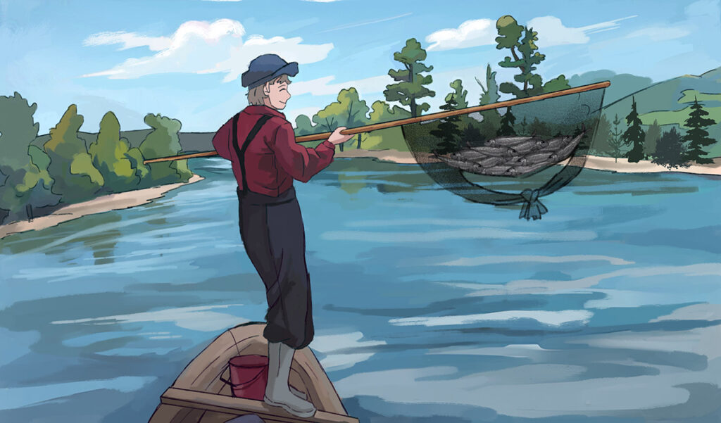 [Alt-teksti: taiteellinen piirroskuva vanhan ajan kalastajasta, joka hymysuin nostaa suurella haavilla saalista seisoen veneensä poikkituhdolla.]
