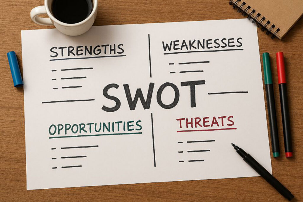 [Alt-teksti: pöydällä on suurelle paperille kirjoitettu swot-analyysin osiot, vieressä kahvikuppi, muistilehtiö ja tussikyniä.]