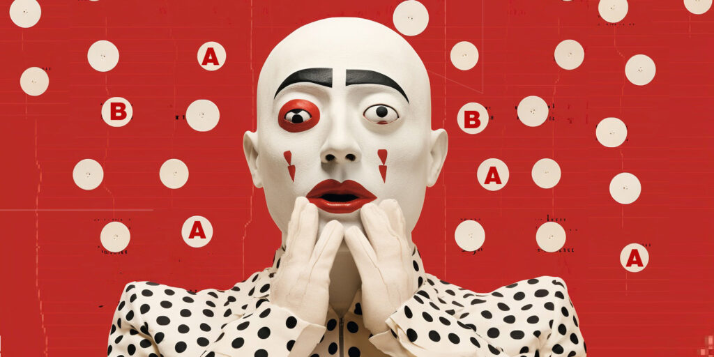 maskikasvoinen ihminen, jonka taustalla kirjainpalloja.