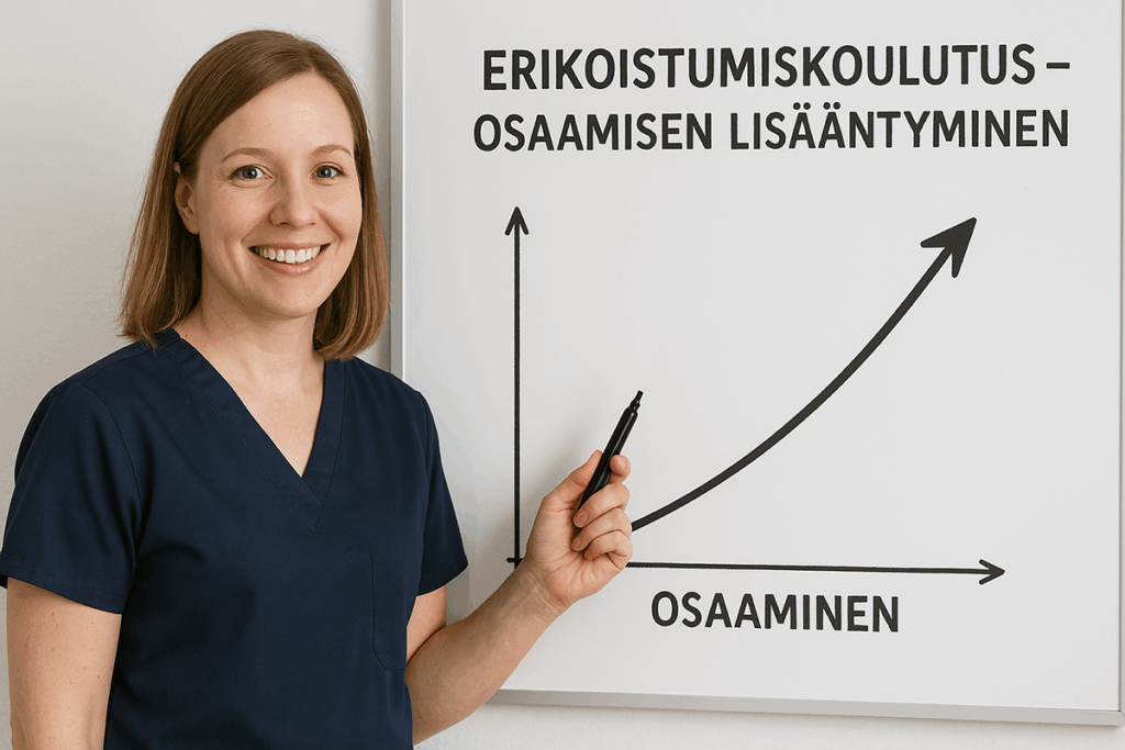 Hoitaja osoittaa taululla erikoistumiskoulutuksen tuottamaa osaamisen lisääntymistä.