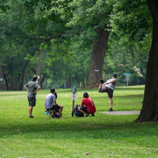 [Alt-teksi: Neljä henkilöä heittelevät frisbee kiekkoa nurmikolla.]
