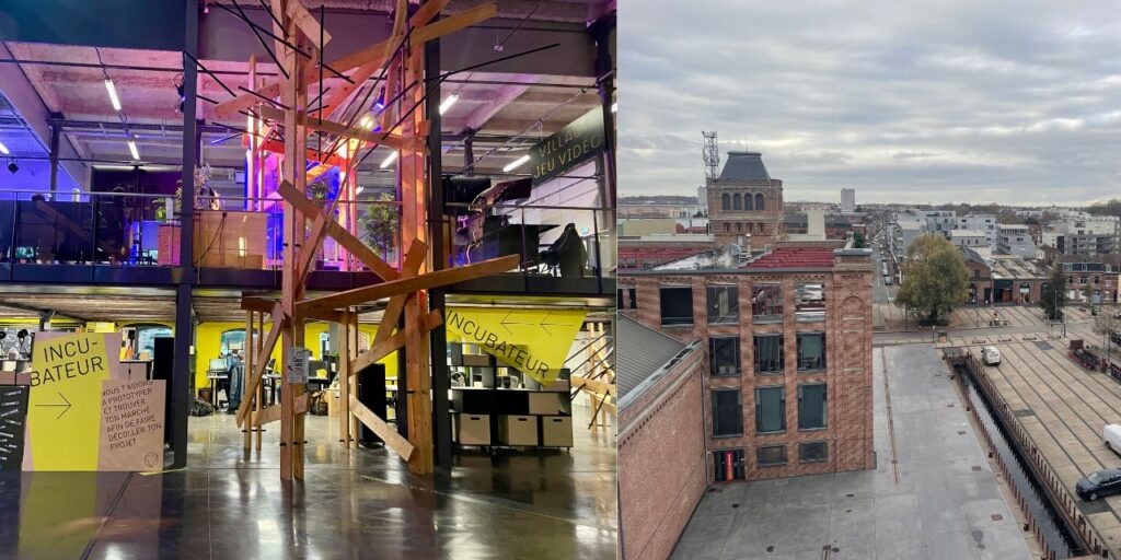 Rinnakkain olevat kuvat rakennuksesta sisältä sekä kaupungin siluetista. Kuvat esittelevät kaupunkiarkkitehtuuria ja maisemaa.