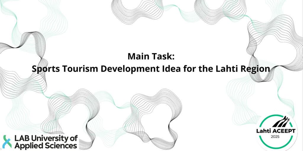 [Alt-teksti: dia, jossa on abstrakteja kuvioita sekä teksti main task sports tourism development idea for the lahti region.]