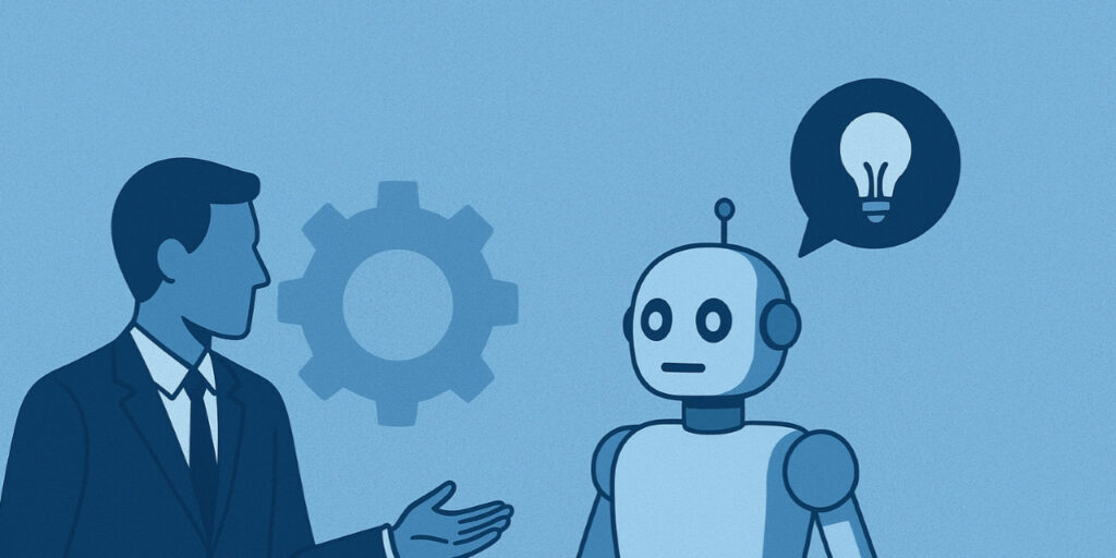 [Alt-teksti: sarjakuvapiirroksen oloinen kuva, jossa ihminen ja robotti keskustelevat.]