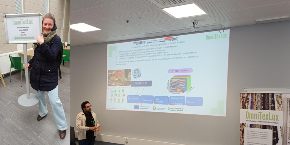 Kahden kuvan kollaasi. Toisessa kuvassa henkilö pitelee kylttiä, jossa lukee OmniTexLux. Toisessa on seinälle heijastettu diaesitys ja puhuja sen edessä.