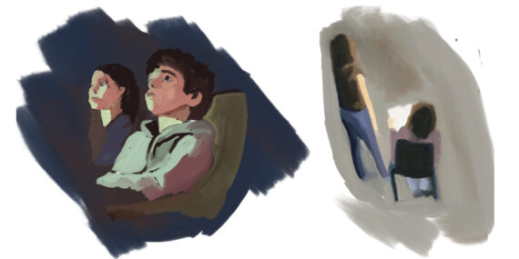 Oppilaita luokka- ja luentotiloissa, istumassa, lukemassa ja seisomassa.