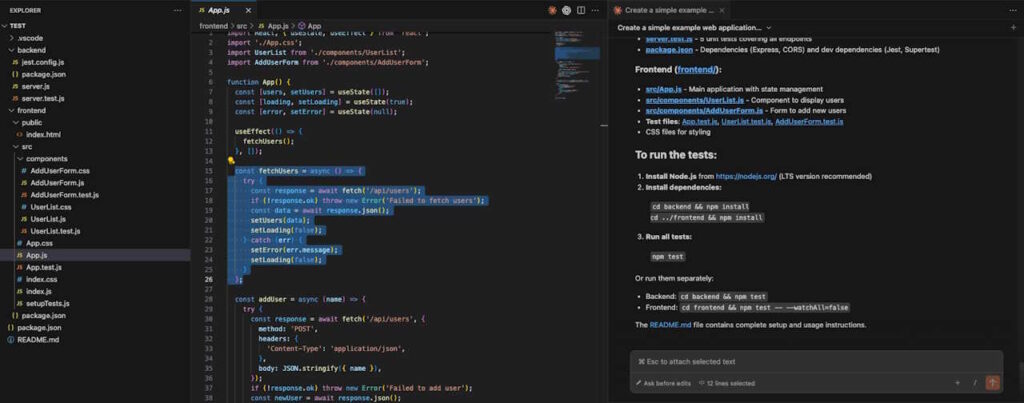 Näytönkuva Visual Studio Code -editorista. Vasemmalla näkyy projektin tiedostopuu, keskellä auki oleva JavaScript-lähdekoodi, josta useita rivejä on korostettu. Oikealla puolella on Claude Code -laajennuksen näkymä, jossa näkyy keskusteluikkuna, tekstikenttä viestin kirjoittamista varten ja tieto siitä, että 12 riviä koodia on valittuna.