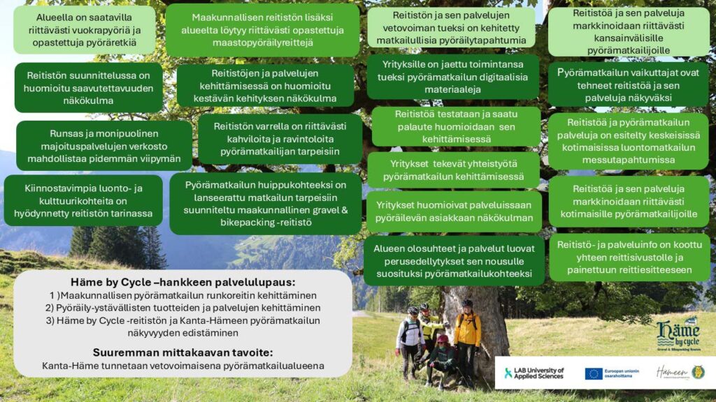 [Alt-teksti: paljon pieniä tietolaatikoita ikään kuin puun oksina, aiheina alueeseen, reitistöön ja pyörämatkailupalveluihin liittyviä kehittämisehdotuksia.]