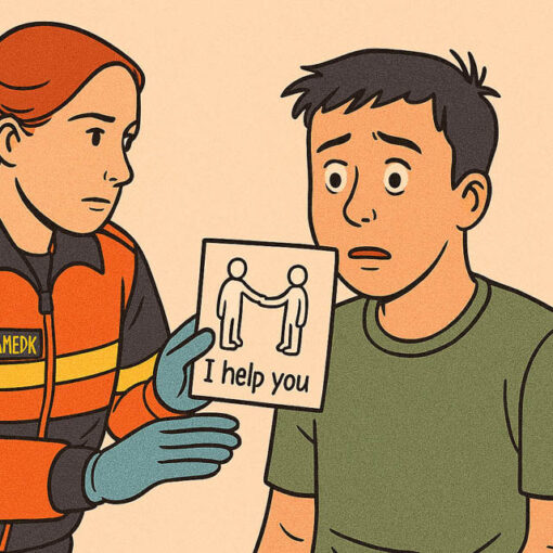 [Alt-teksti: ensihoitaja ojentaa potilallee paperia. Paperissa lukee "minä autan sinua".]