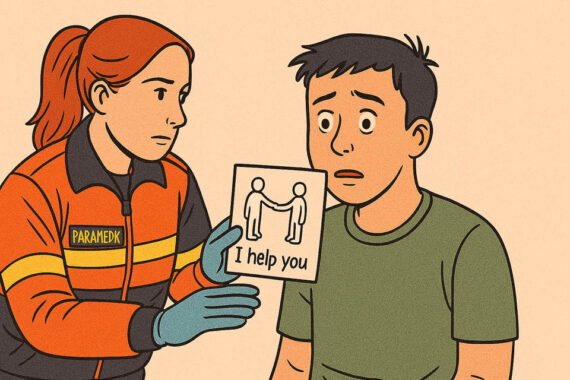 [Alt-teksti: ensihoitaja ojentaa potilallee paperia. Paperissa lukee "minä autan sinua".]