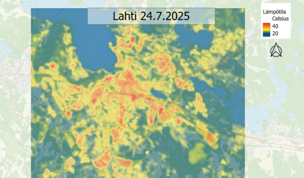 Lahden keskustan kartta, johon on punaisella ja keltaisella merkitty kaikkein lämpimimmät alueet.