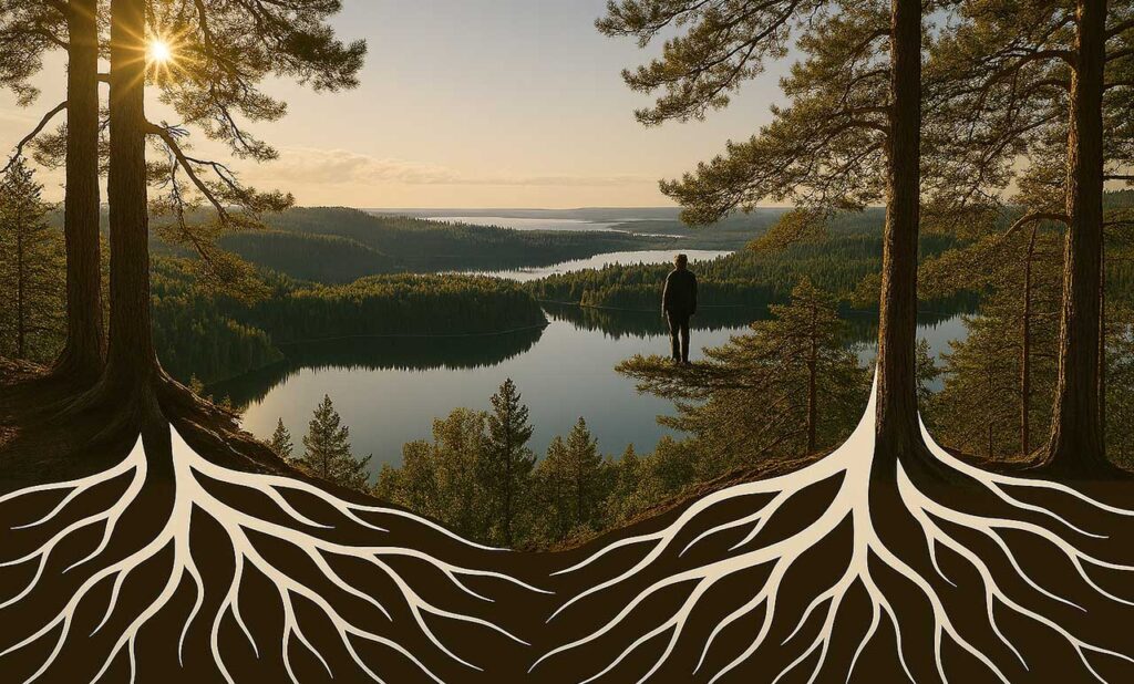 [Alt-teksti: jylhä erämaamaisema, johon etualalla näkyvien puiden alle on tekoälyllä lisätty haarautuva, runsas juuristo.]