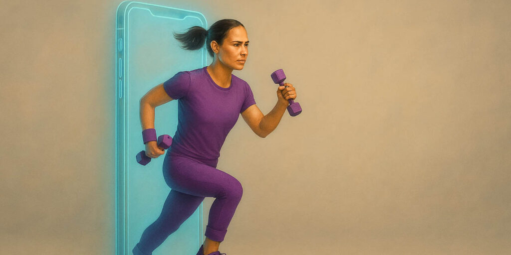 [Alt-teksti: Henkilö juoksee ulos suuresta älypuhelimesta, käsipainot kädessä.]