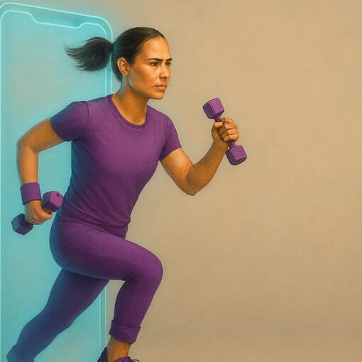 [Alt-teksti: Henkilö juoksee ulos suuresta älypuhelimesta, käsipainot kädessä.]