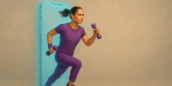 [Alt-teksti: Henkilö juoksee ulos suuresta älypuhelimesta, käsipainot kädessä.]