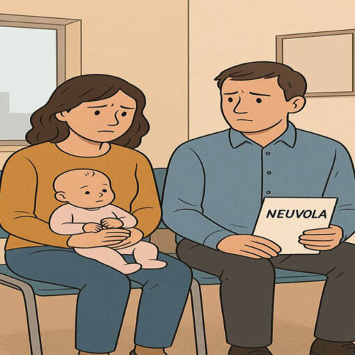 [Alt-teksti: tekoälyllä luodussa kuvassa vanhemmat ovat neuvolassa pienen lapsen kanssa.]