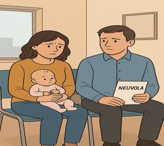[Alt-teksti: tekoälyllä luodussa kuvassa vanhemmat ovat neuvolassa pienen lapsen kanssa.]