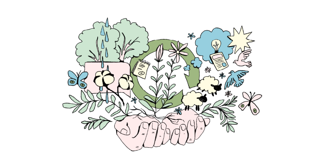 Illustration featuring natural elements, ideation related imagery, and human hands symbolising holistic care for life within regenerative design.